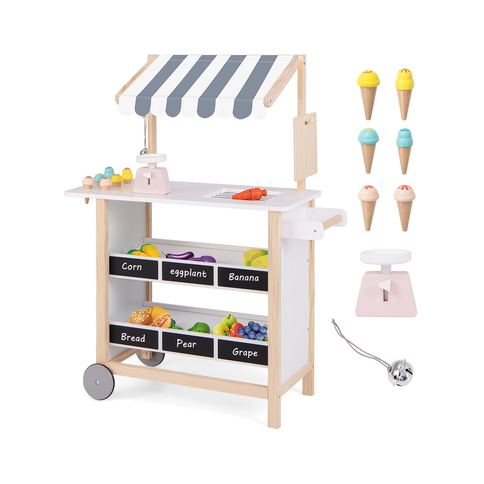 Kids Wooden Ice Cream Cart with Chalkboard and Storage