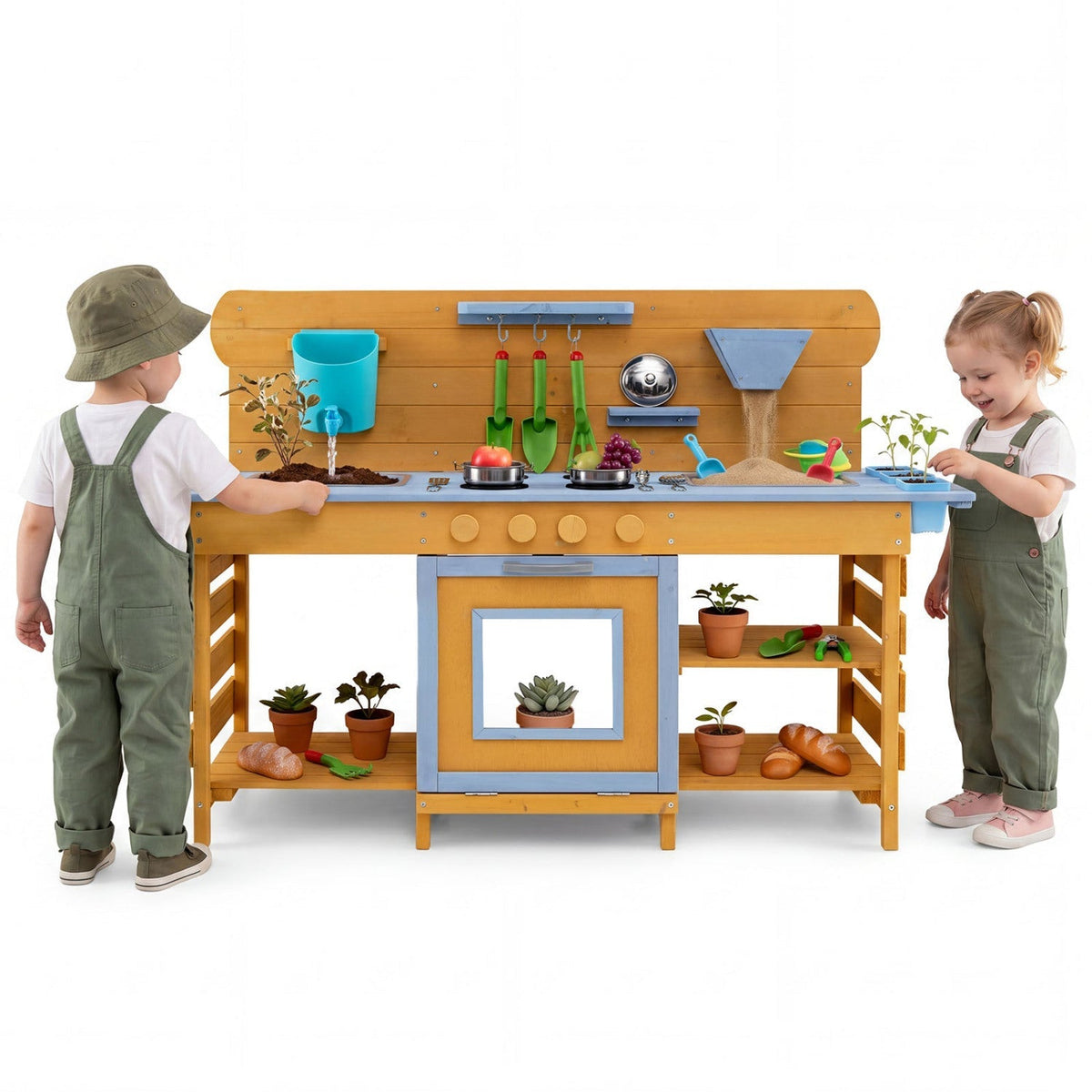 Wooden Mud Kitchen with 2 Sinks and 4 Stoves
