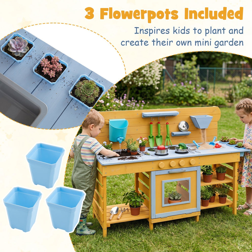 Wooden Mud Kitchen with 2 Sinks and 4 Stoves
