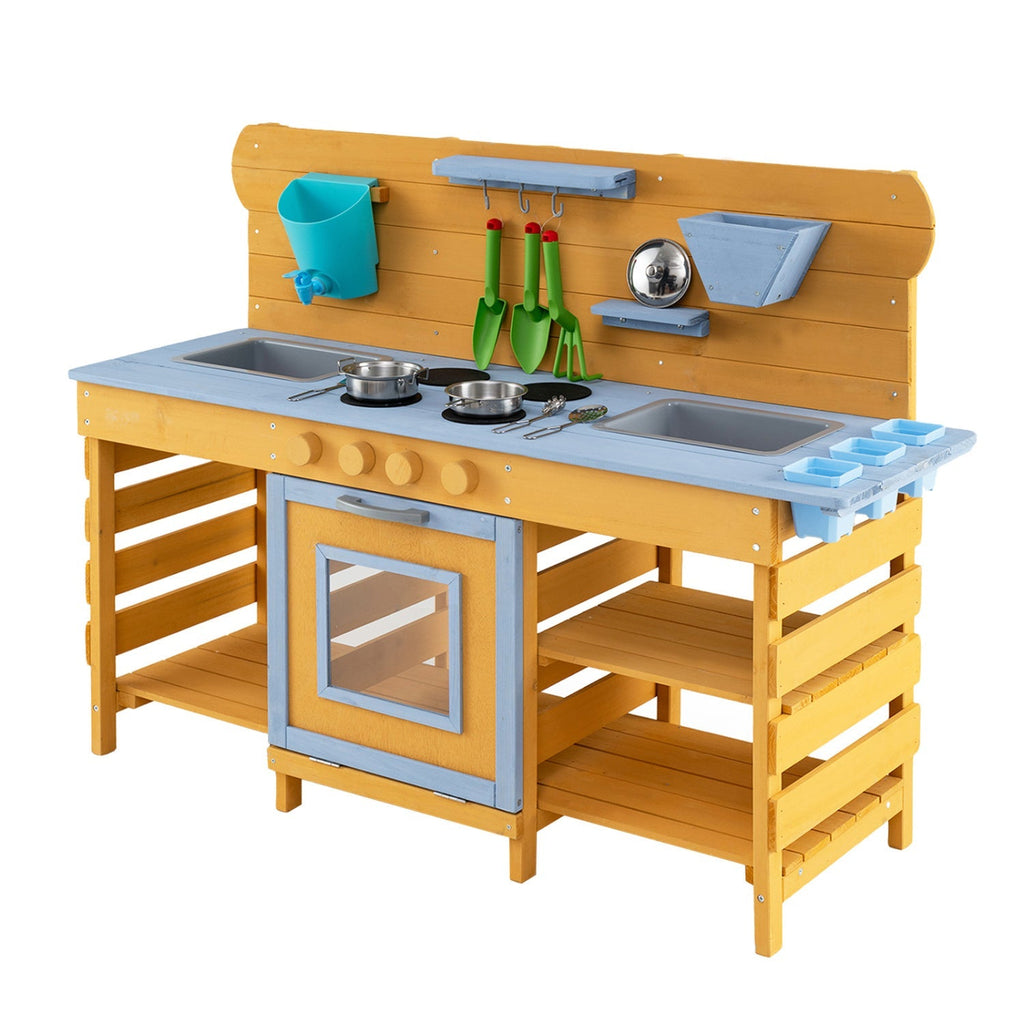 Wooden Mud Kitchen with 2 Sinks and 4 Stoves