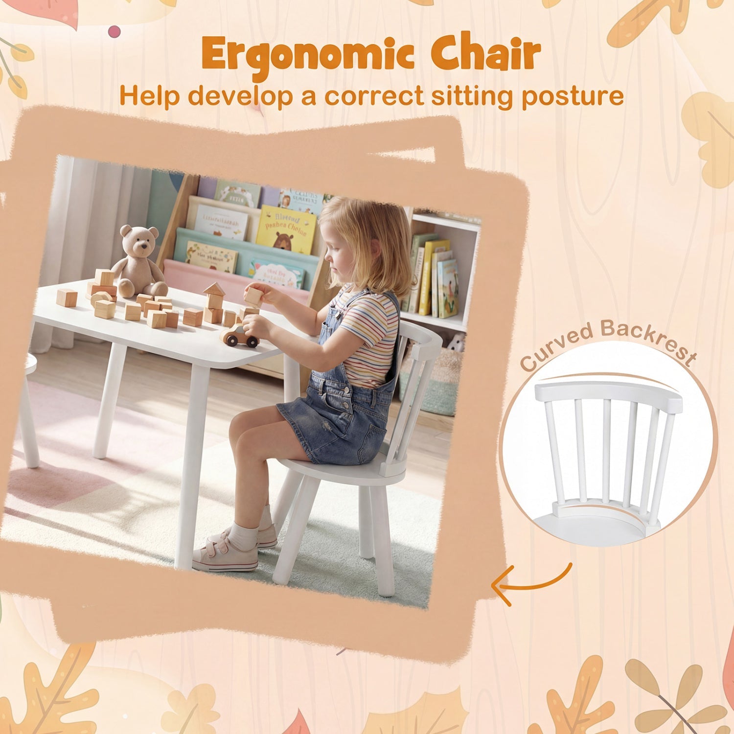 Kids Wooden Table and Chairs Set 3-Piece Toddler Furniture with Pine Wood Frame