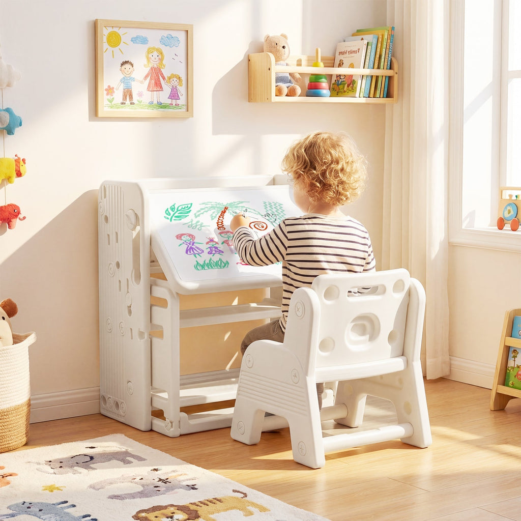 Kids Writing Desk and Chair Set with Side Bookshelves