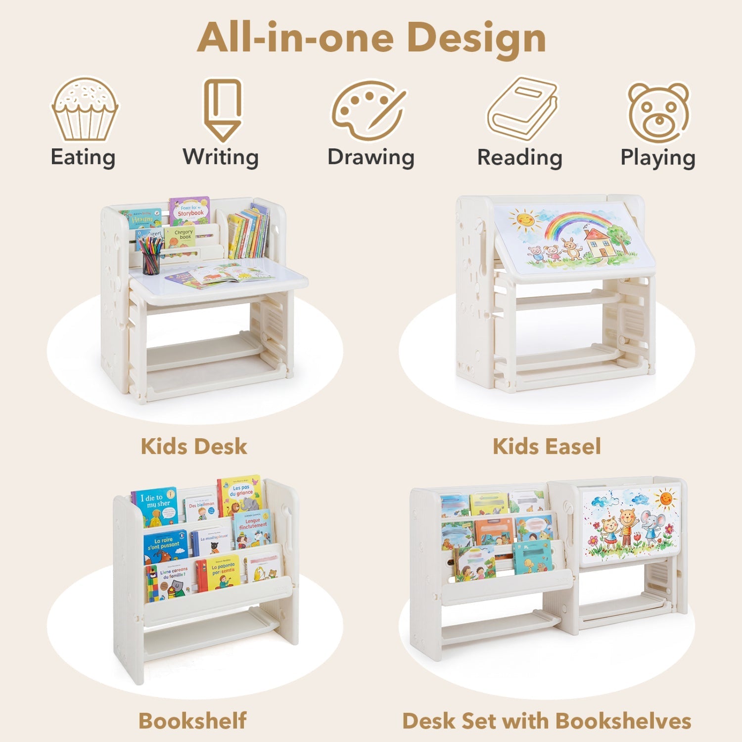 Kids Writing Desk and Chair Set with Side Bookshelves