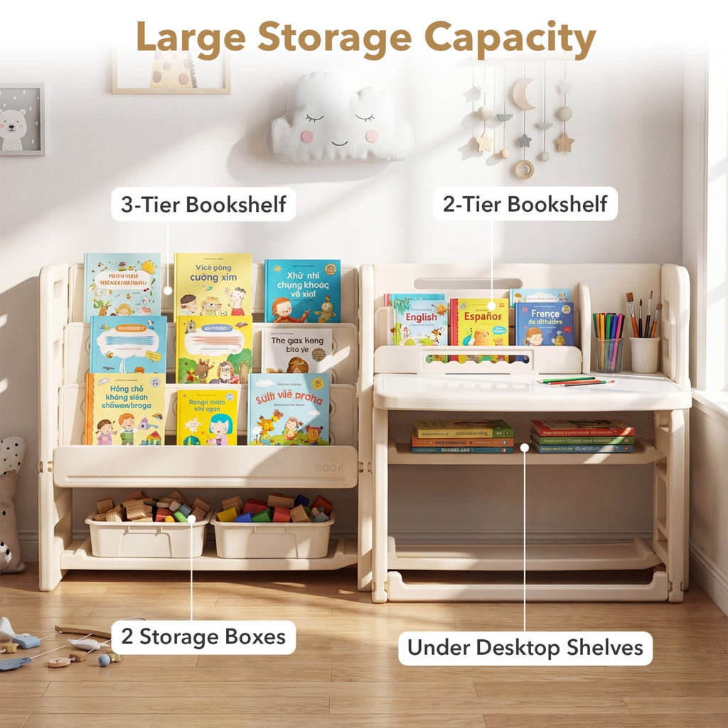 Kids Writing Desk and Chair Set with Side Bookshelves