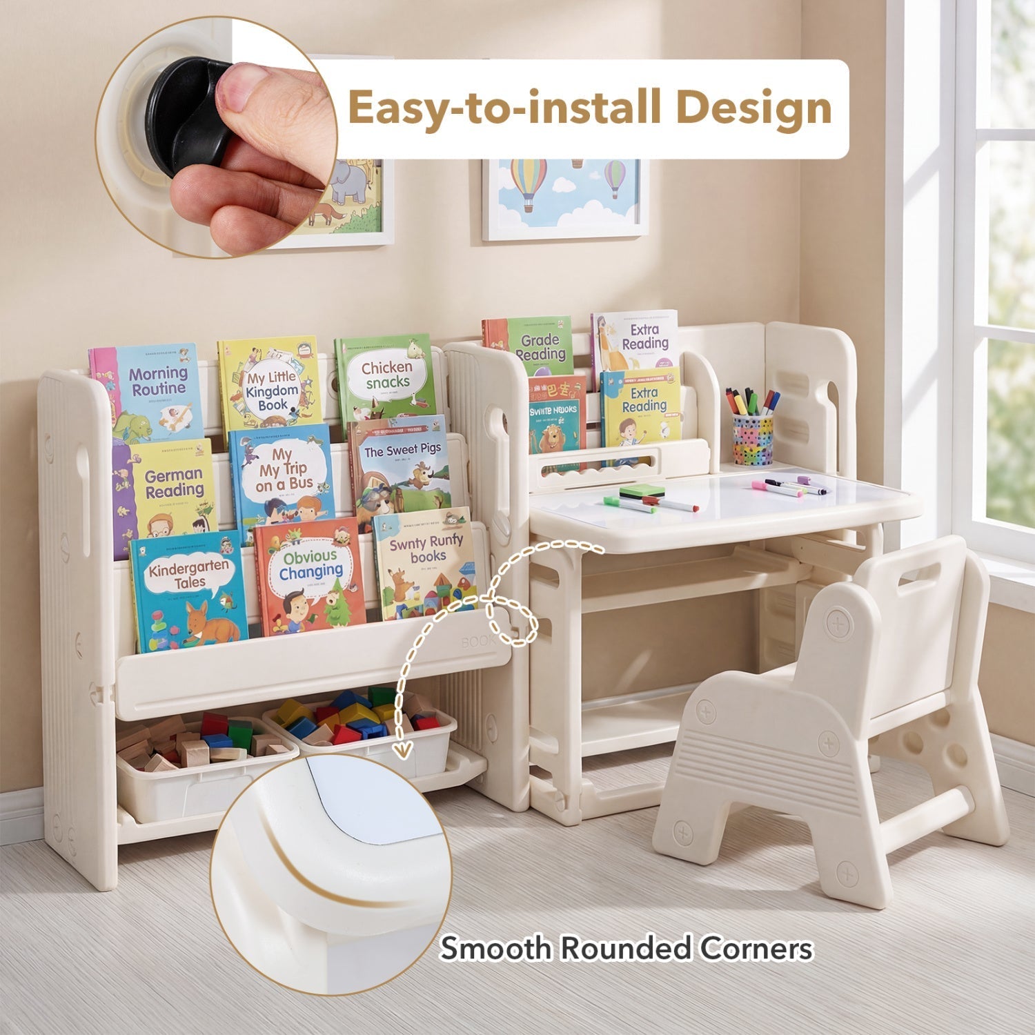 Kids Writing Desk and Chair Set with Side Bookshelves