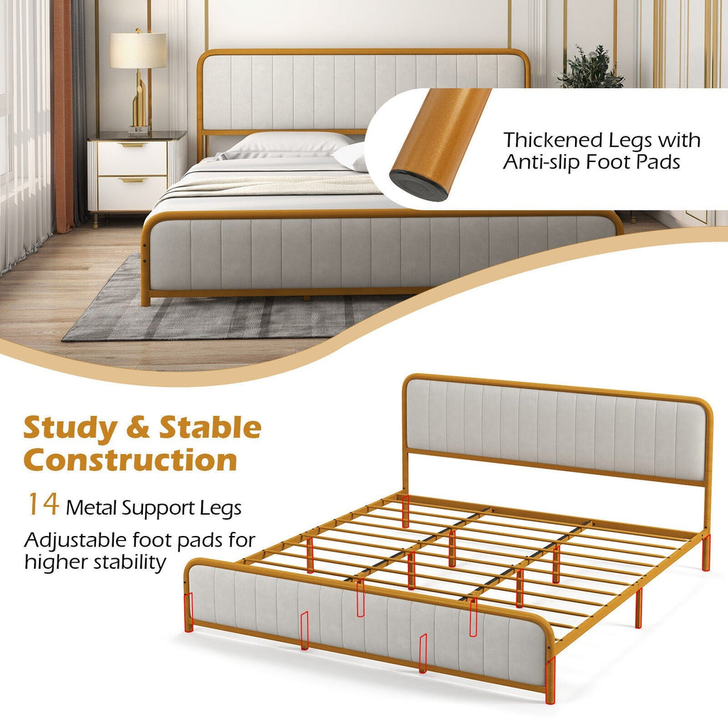 Upholstered Gold Platform Bed Frame with Velvet Headboard