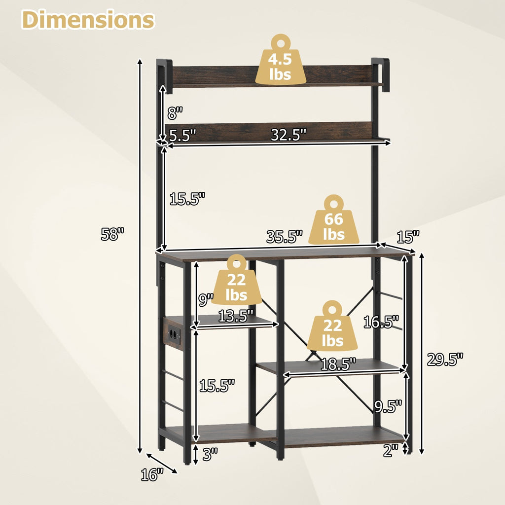Kitchen Bakers Rack with Power Outlet 5-Tier Microwave Oven Stand with LED Lights