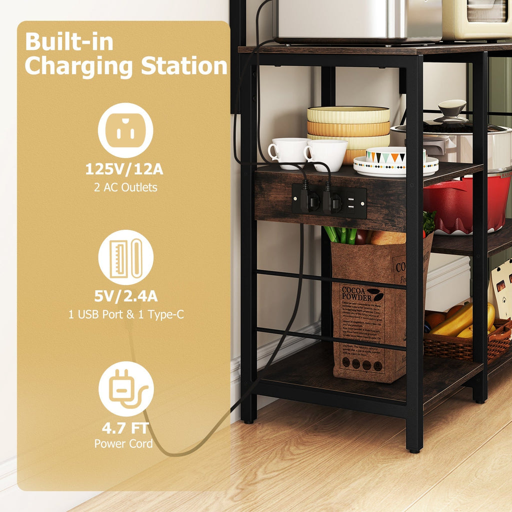 Kitchen Bakers Rack with Power Outlet 5-Tier Microwave Oven Stand with LED Lights