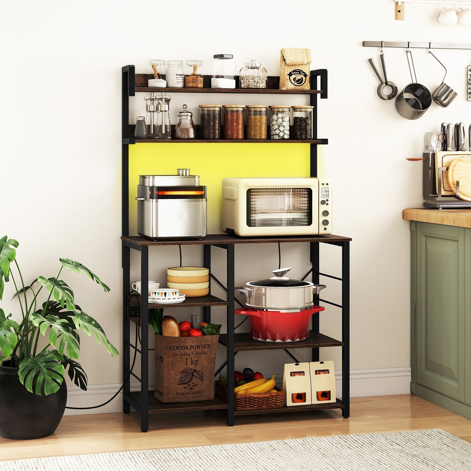 Kitchen Bakers Rack with Power Outlet 5-Tier Microwave Oven Stand with LED Lights