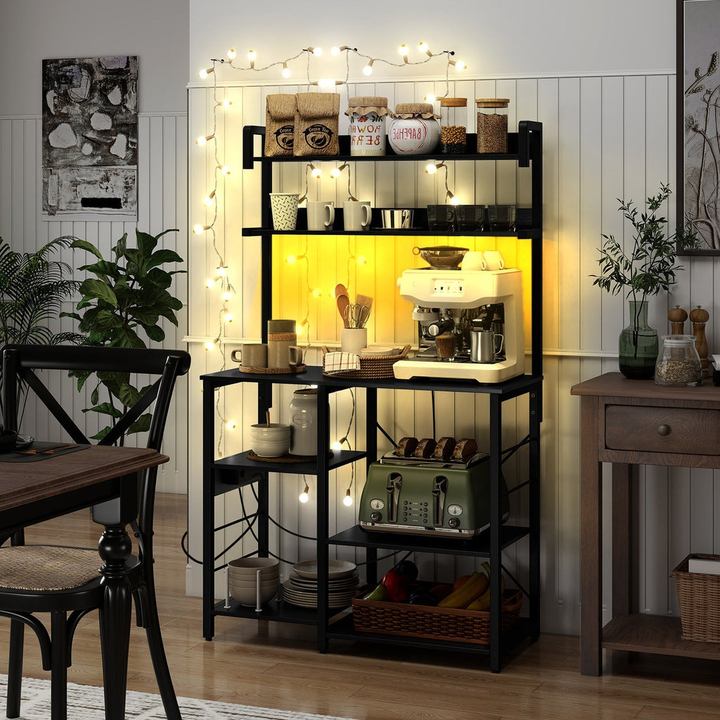 Kitchen Bakers Rack with Power Outlet 5-Tier Microwave Oven Stand with LED Lights