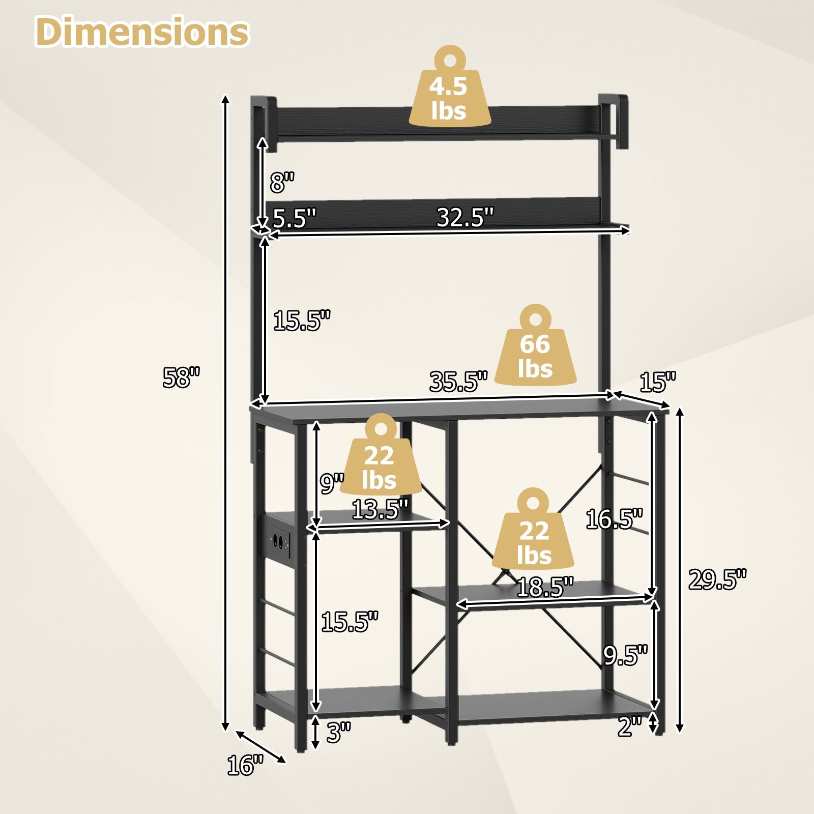 Kitchen Bakers Rack with Power Outlet 5-Tier Microwave Oven Stand with LED Lights