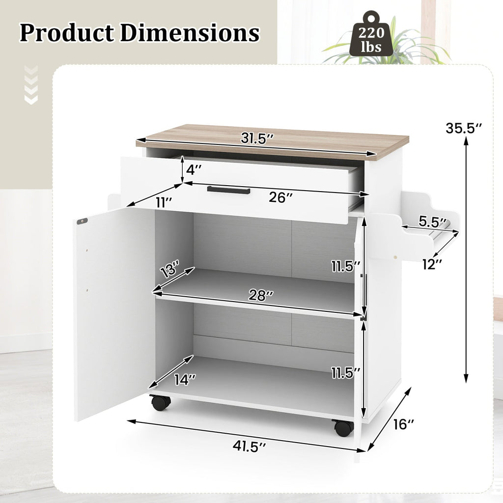 Kitchen Island Cart Rolling Kitchen Storage Island with Drawer-White