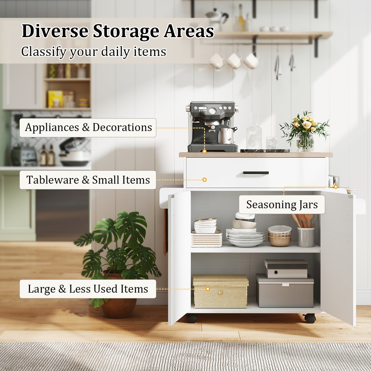 Kitchen Island Cart Rolling Kitchen Storage Island with Drawer-White