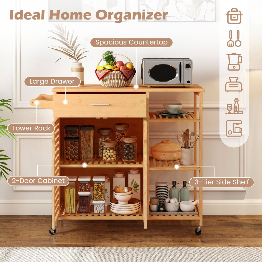 Kitchen Island Cart on Wheels with Sturdy Bamboo Frame-Natural