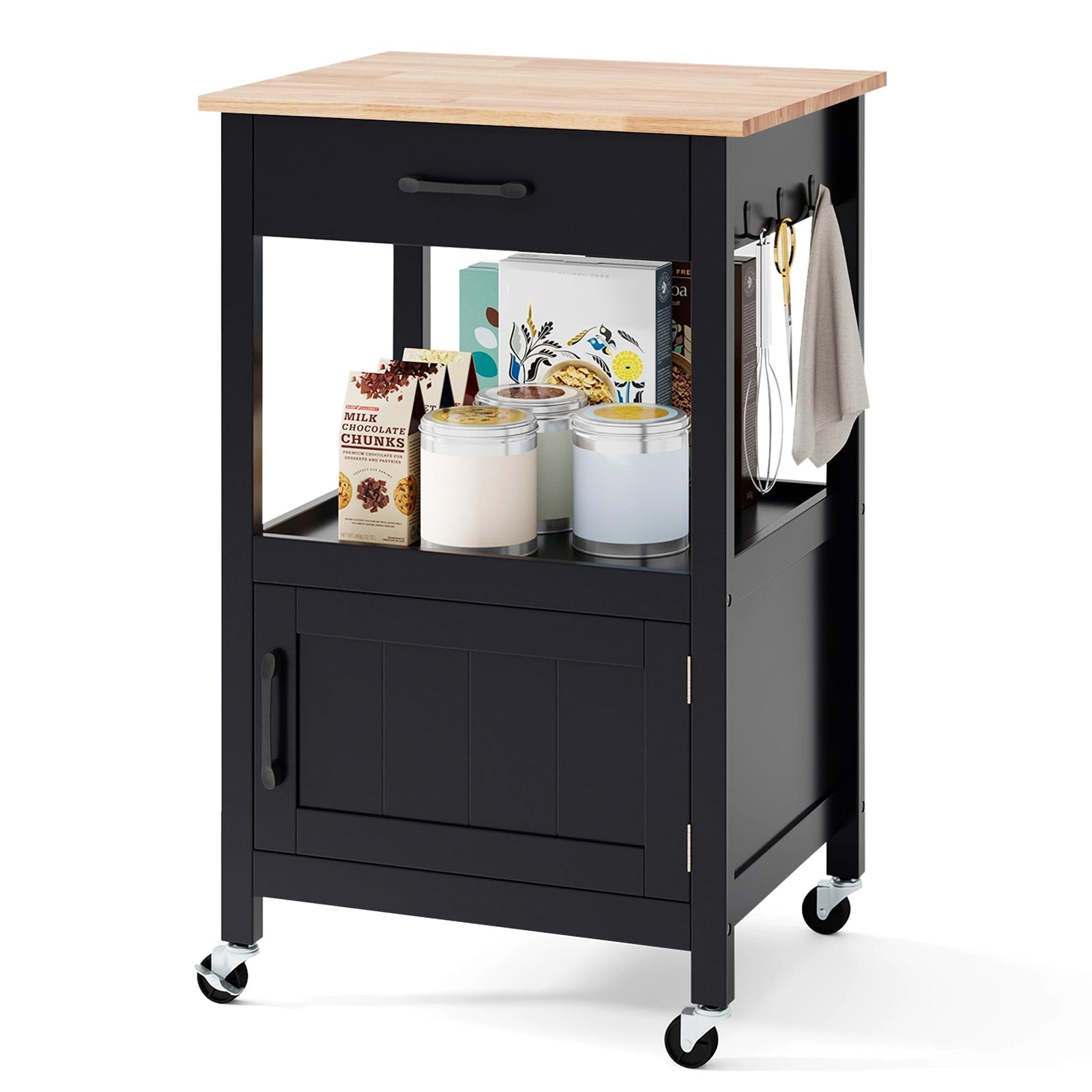 Rolling Kitchen Island Cart with Drawer and Side Hooks