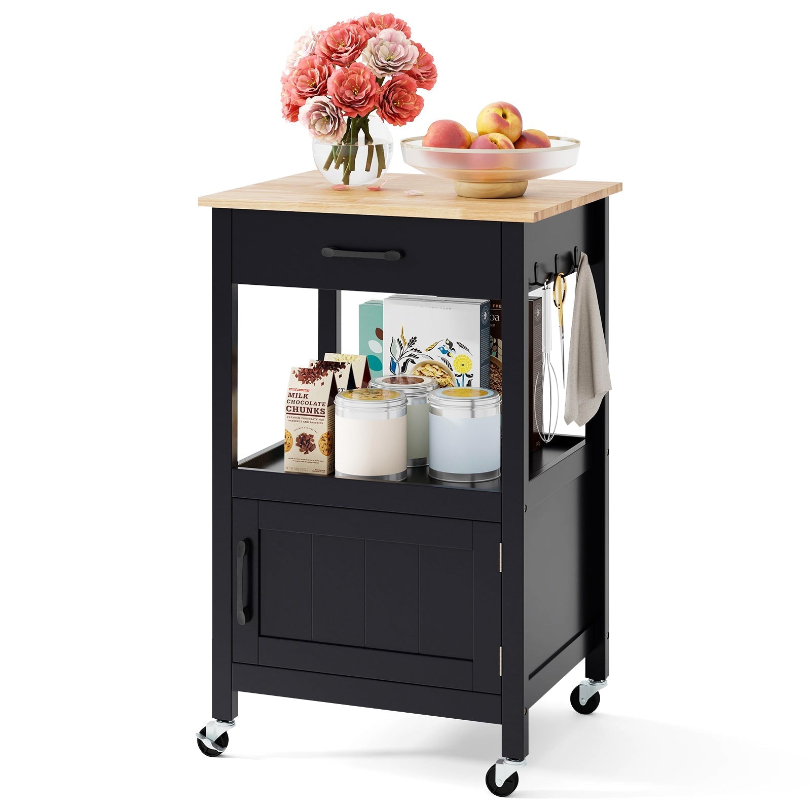 Rolling Kitchen Island Cart with Drawer and Side Hooks