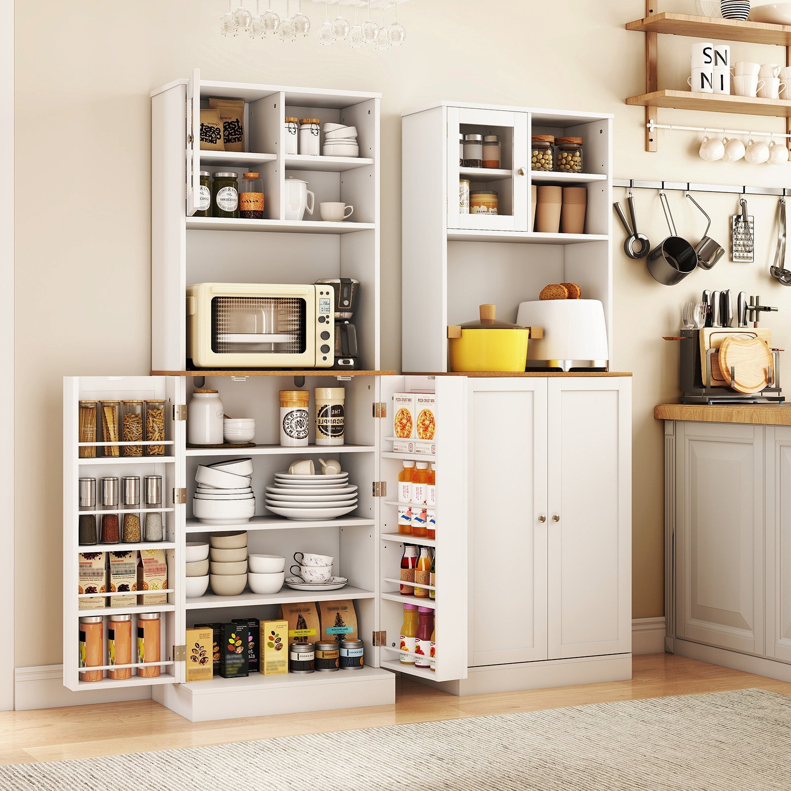 Kitchen Pantry Cabinet 67 Inch Freestanding Tall Cupboard with Microwave Shelf-White