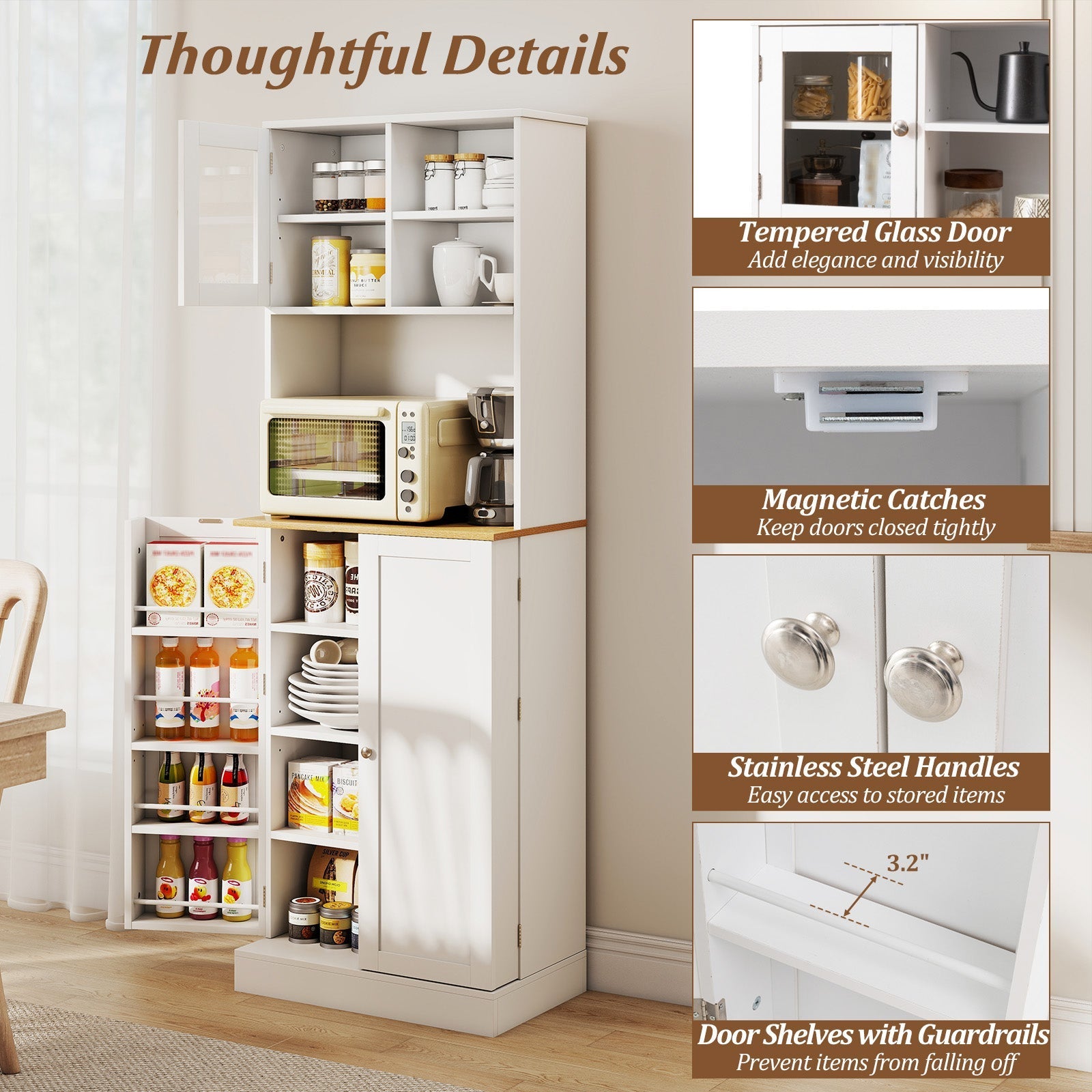 Kitchen Pantry Cabinet 67 Inch Freestanding Tall Cupboard with Microwave Shelf-White
