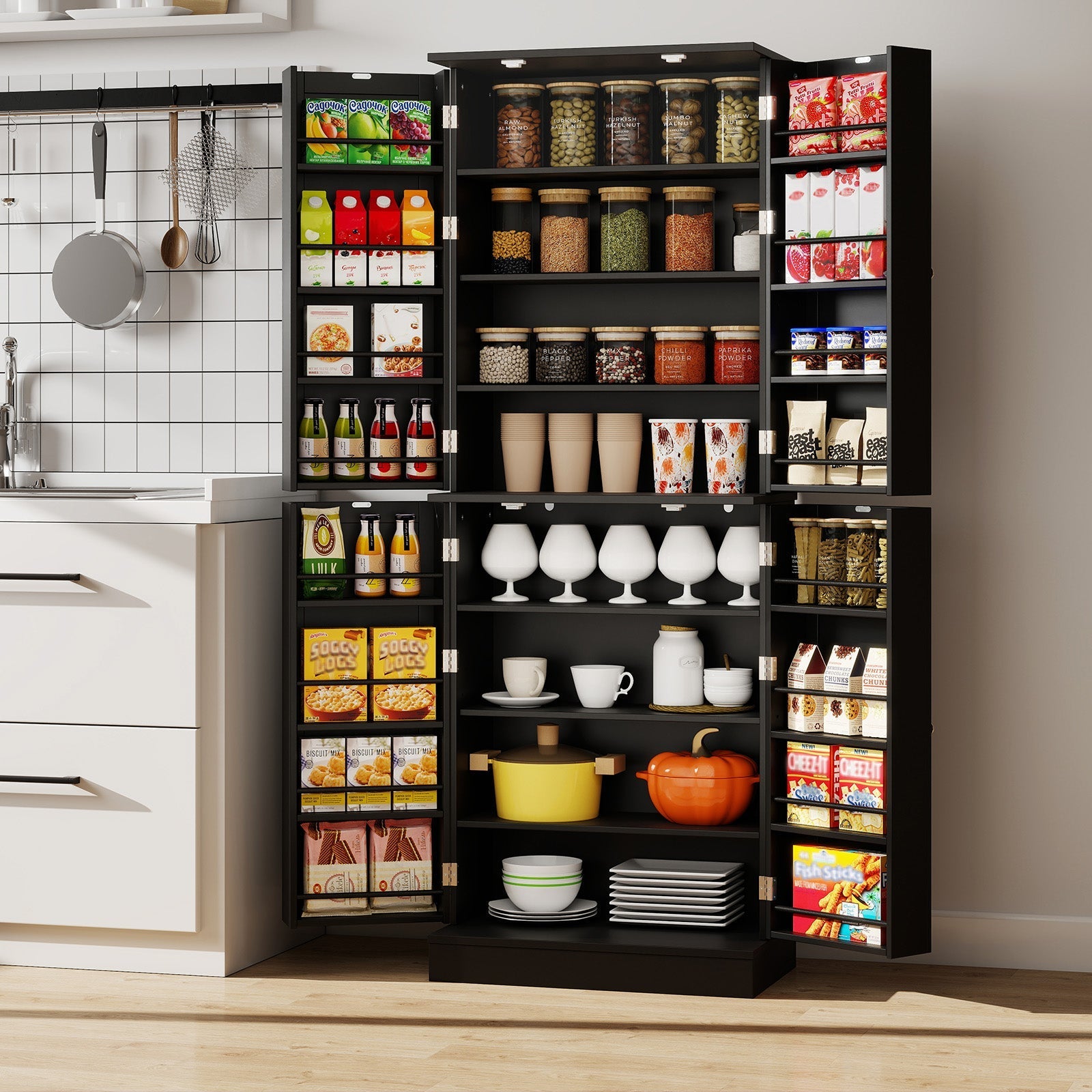 Kitchen Pantry Cabinet 65.5 Inch Freestanding Tall Buffet Cupboard