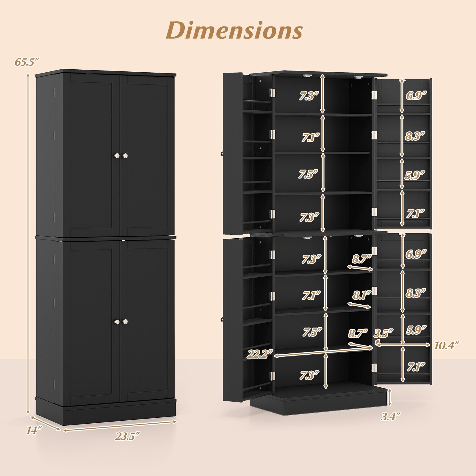 Kitchen Pantry Cabinet 65.5 Inch Freestanding Tall Buffet Cupboard