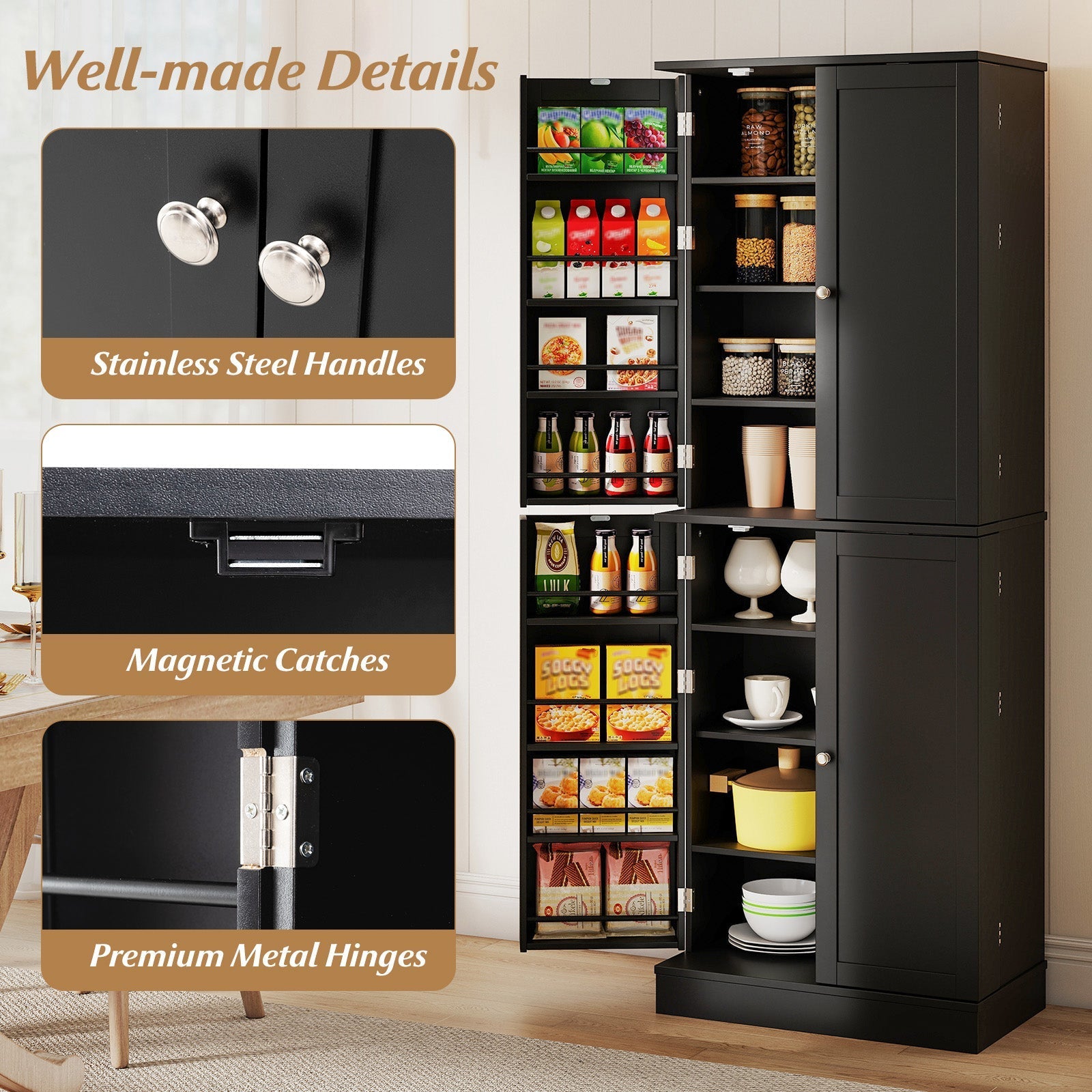 Kitchen Pantry Cabinet 65.5 Inch Freestanding Tall Buffet Cupboard