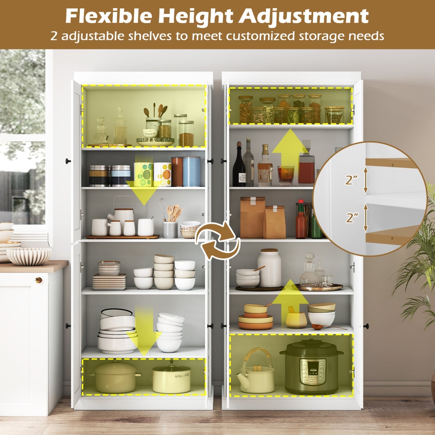 Kitchen Pantry Cabinet with 2 Adjustable Shelves and Anti-Tipping Kits for Living Room