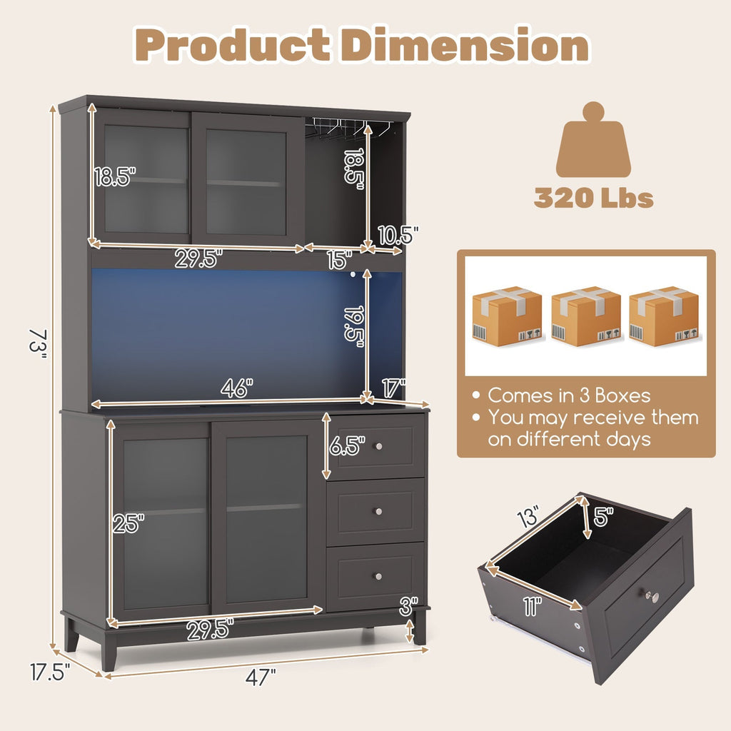 Kitchen Pantry Storage Cabinet Kitchen Hutch with LED lights and Power Outlet