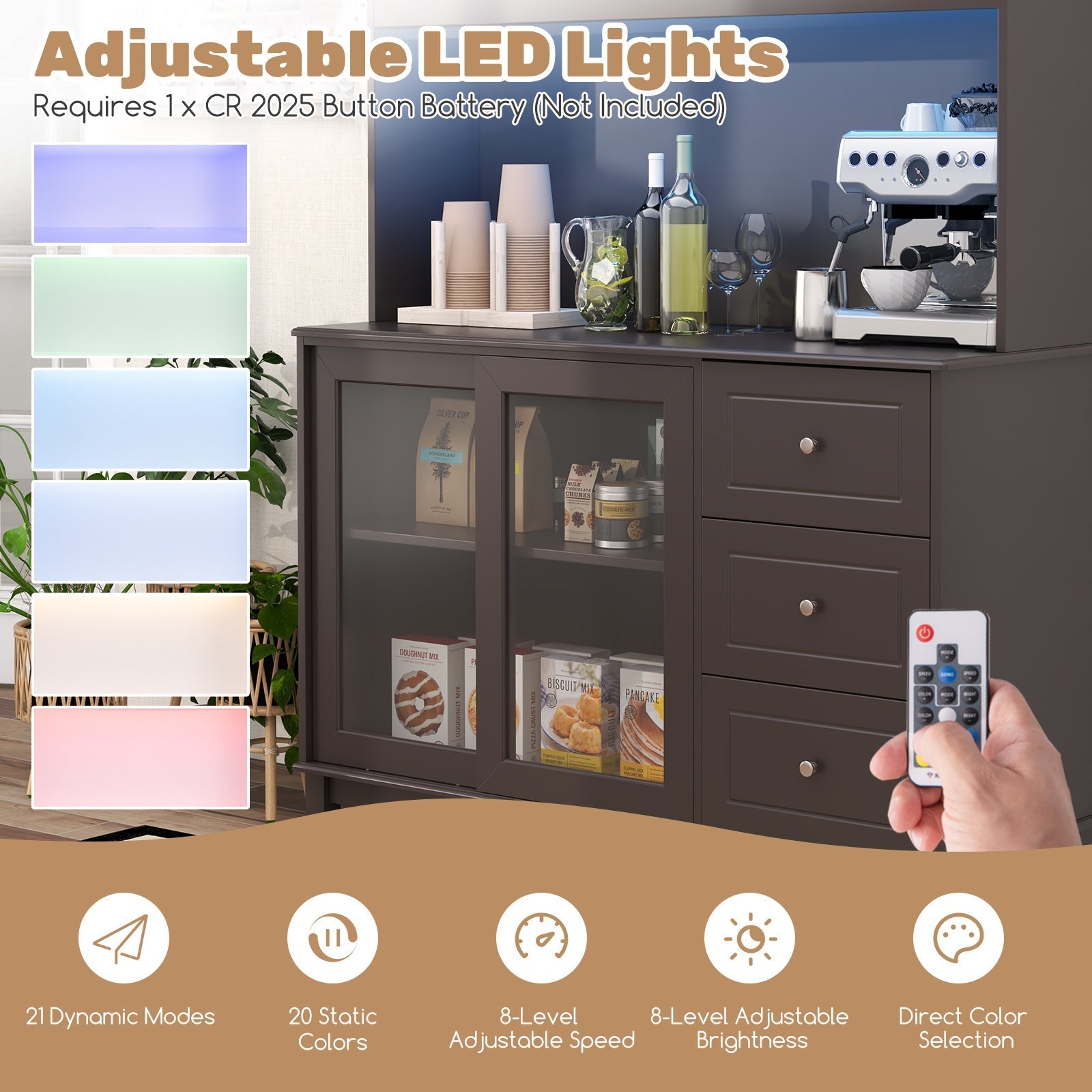Kitchen Pantry Storage Cabinet Kitchen Hutch with LED lights and Power Outlet