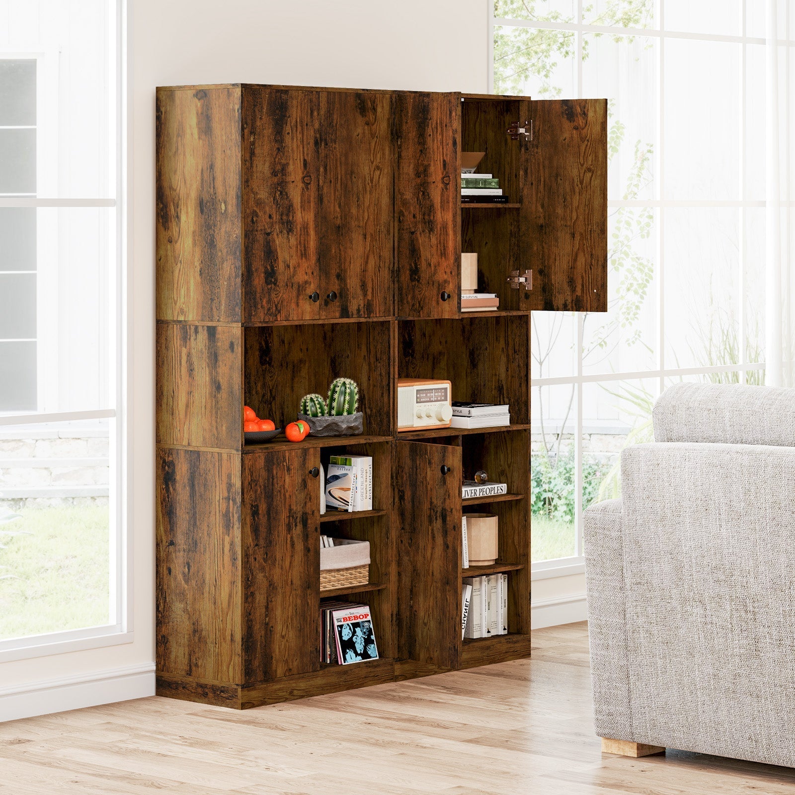 Kitchen Pantry Storage Cabinet with Microwave Stand and Open Shelves