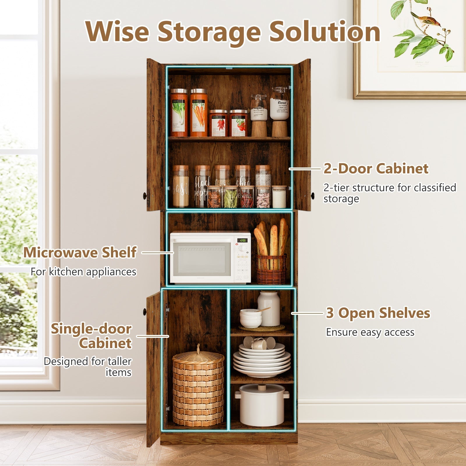 Kitchen Pantry Storage Cabinet with Microwave Stand and Open Shelves
