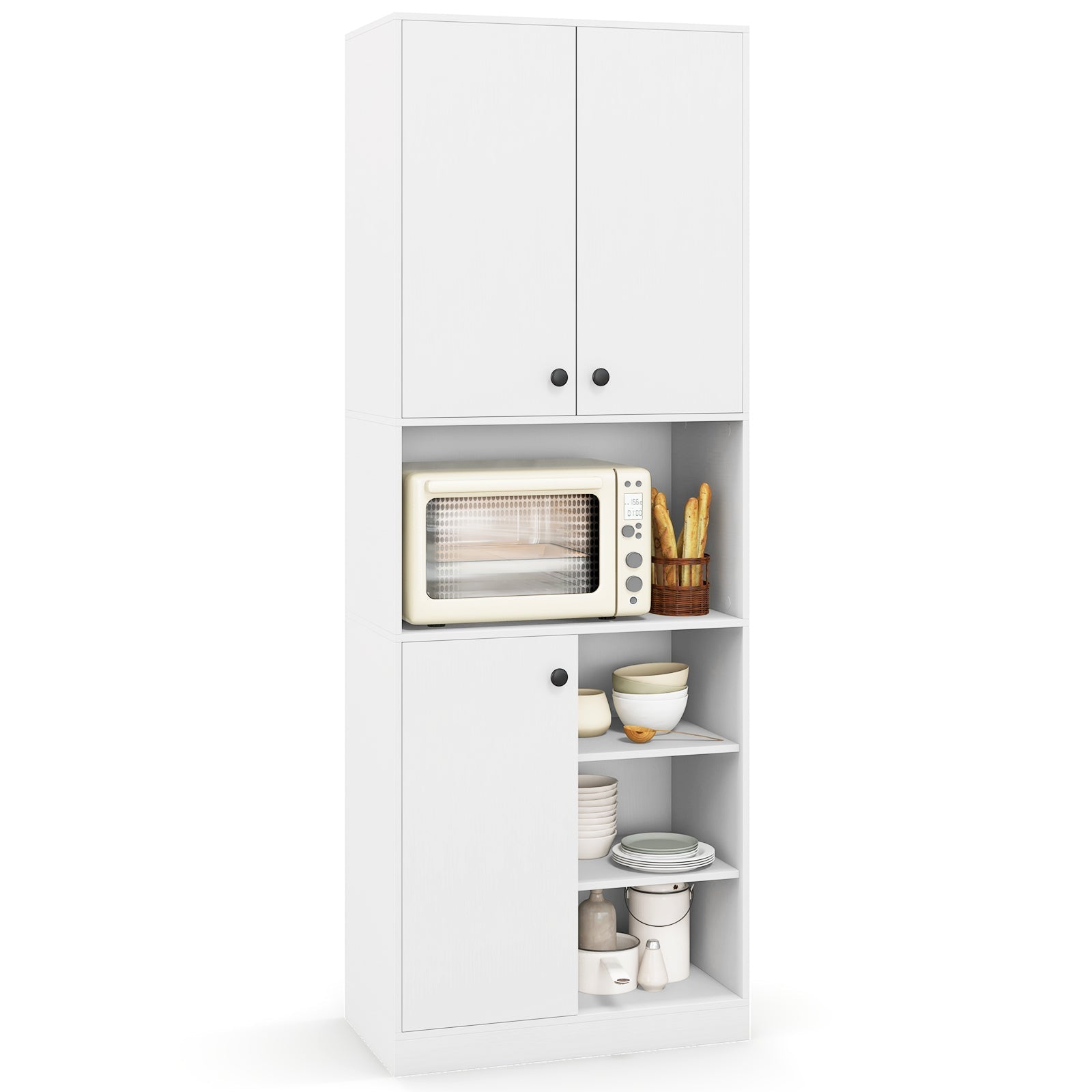 Kitchen Pantry Storage Cabinet with Microwave Stand and Open Shelves