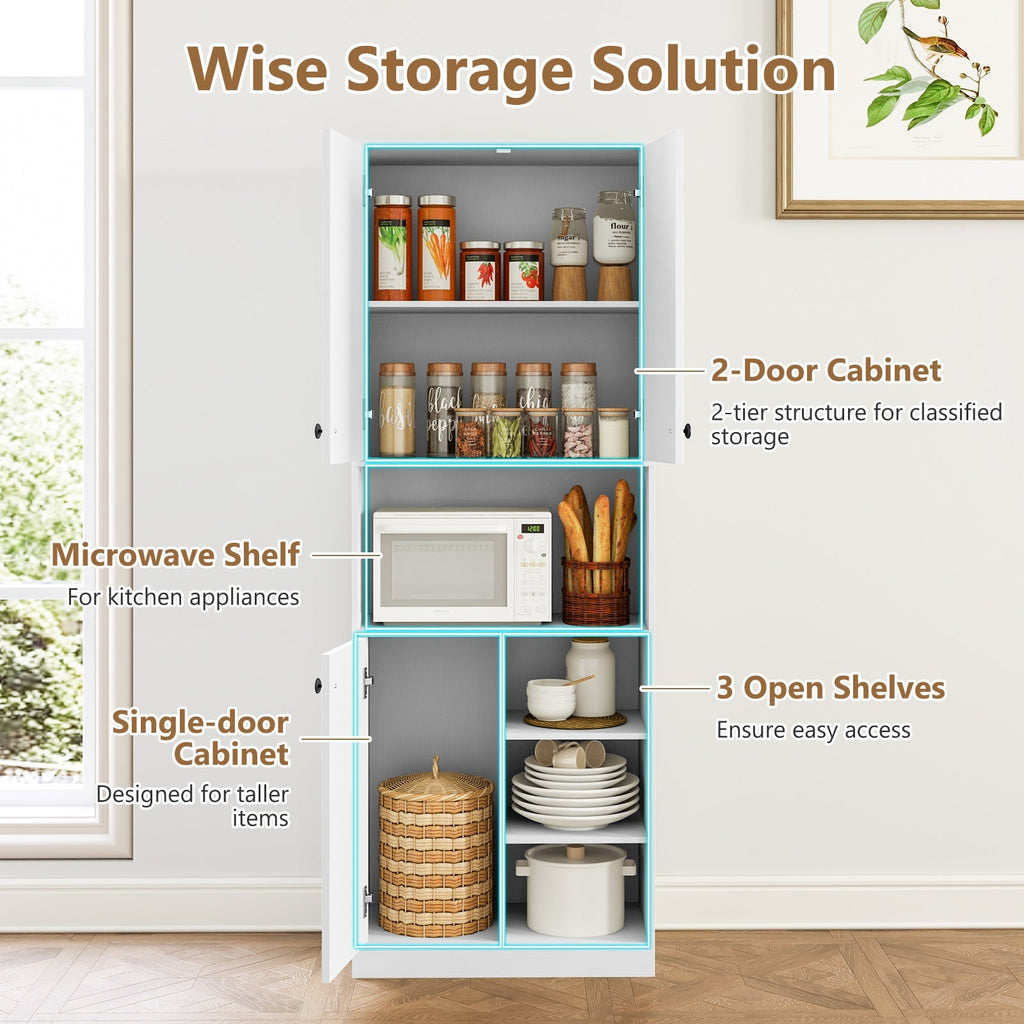 Kitchen Pantry Storage Cabinet with Microwave Stand and Open Shelves