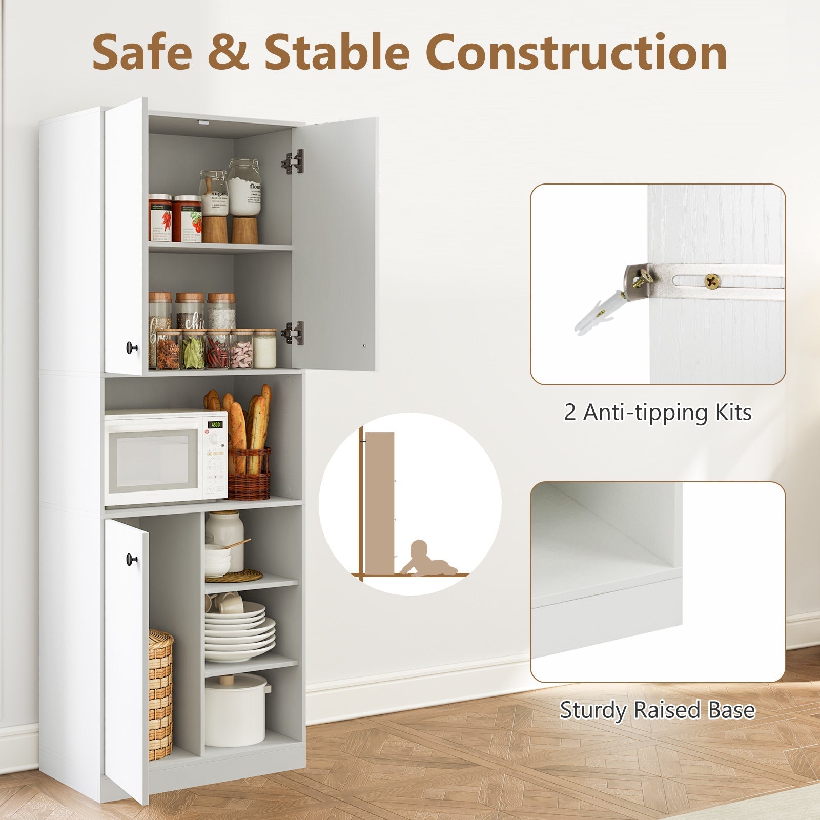 Kitchen Pantry Storage Cabinet with Microwave Stand and Open Shelves