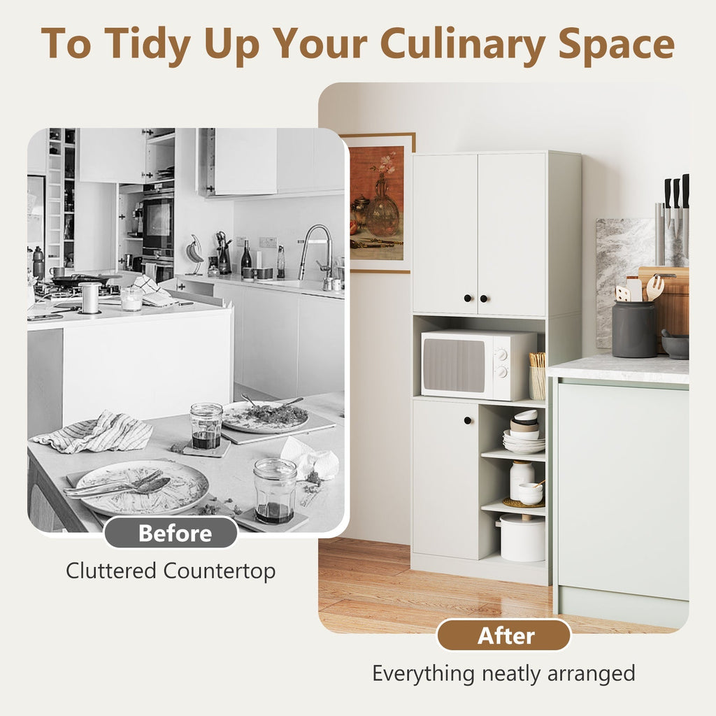 Kitchen Pantry Storage Cabinet with Microwave Stand and Open Shelves