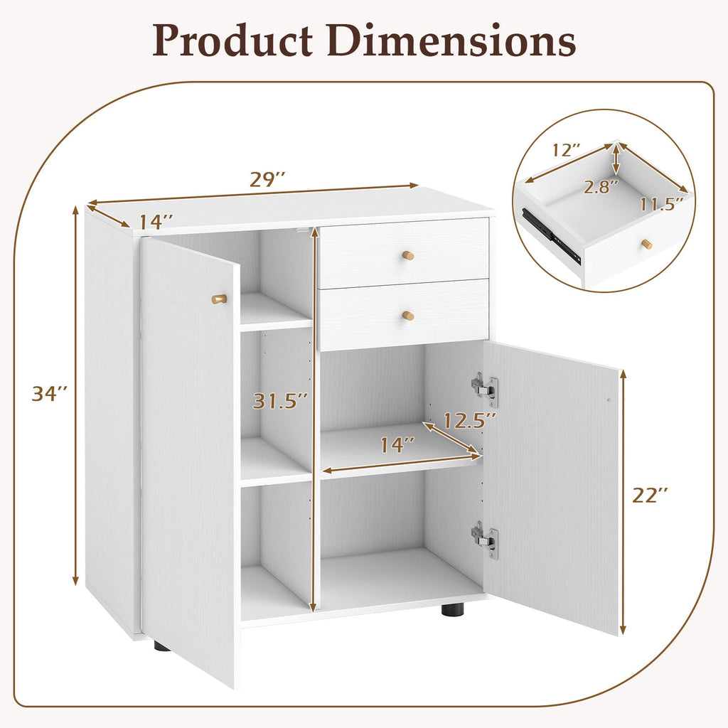 Kitchen Sideboard Buffet Cabinet Coffee Bar Cabinet with 2 Drawers 2 Doors and 3 Adjustable Shelves-White
