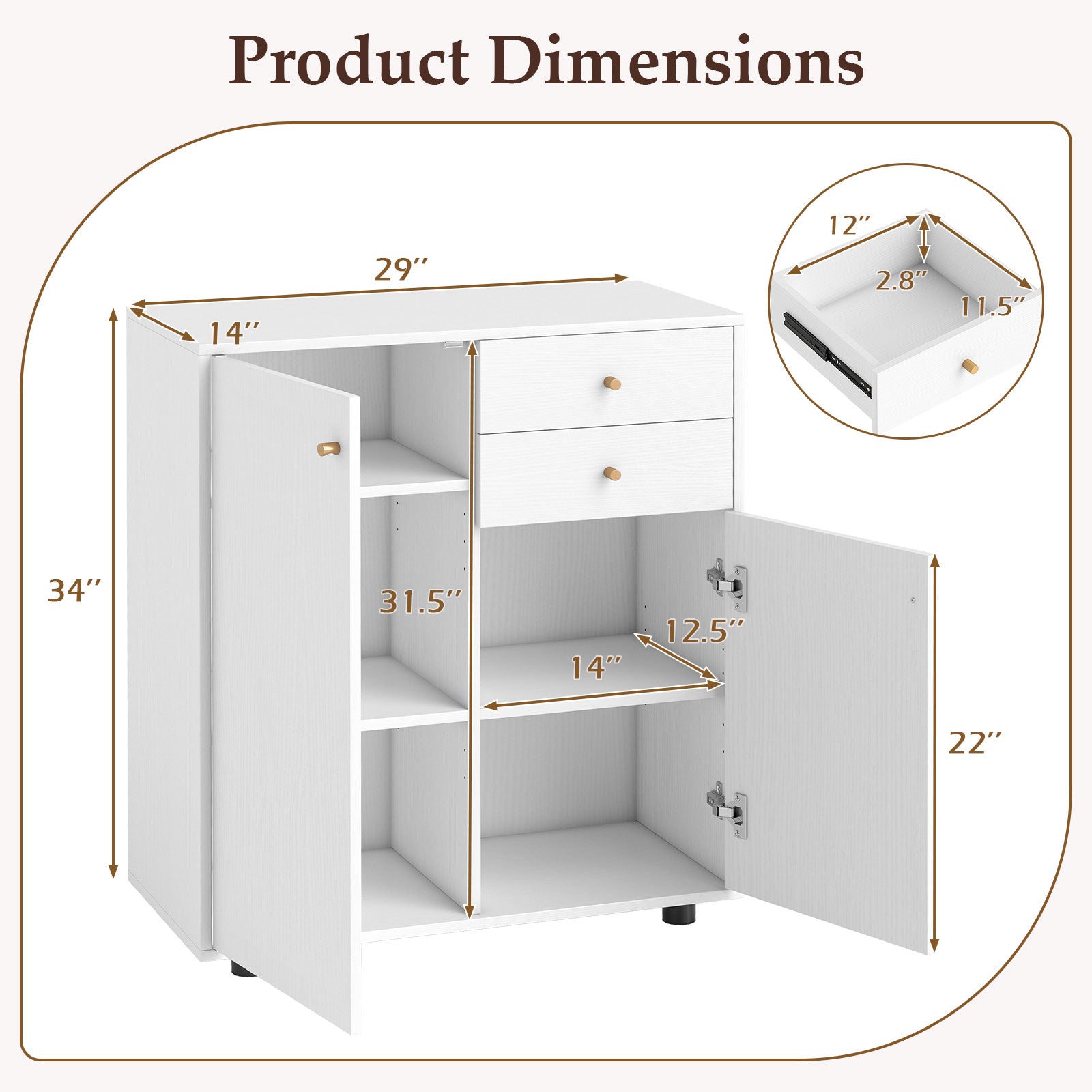 Kitchen Sideboard Buffet Cabinet Coffee Bar Cabinet with 2 Drawers 2 Doors and 3 Adjustable Shelves-White