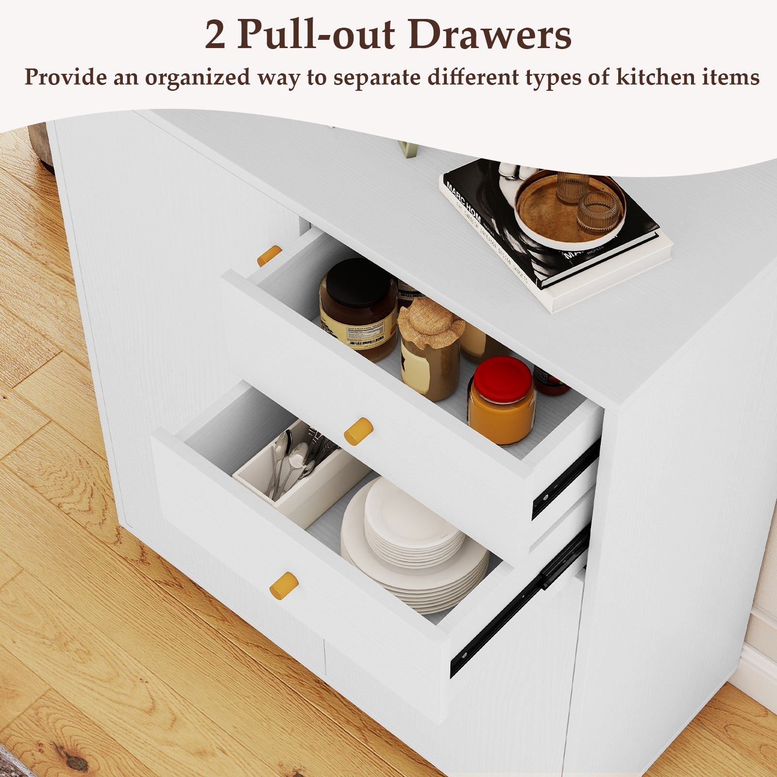 Kitchen Sideboard Buffet Cabinet Coffee Bar Cabinet with 2 Drawers 2 Doors and 3 Adjustable Shelves-White