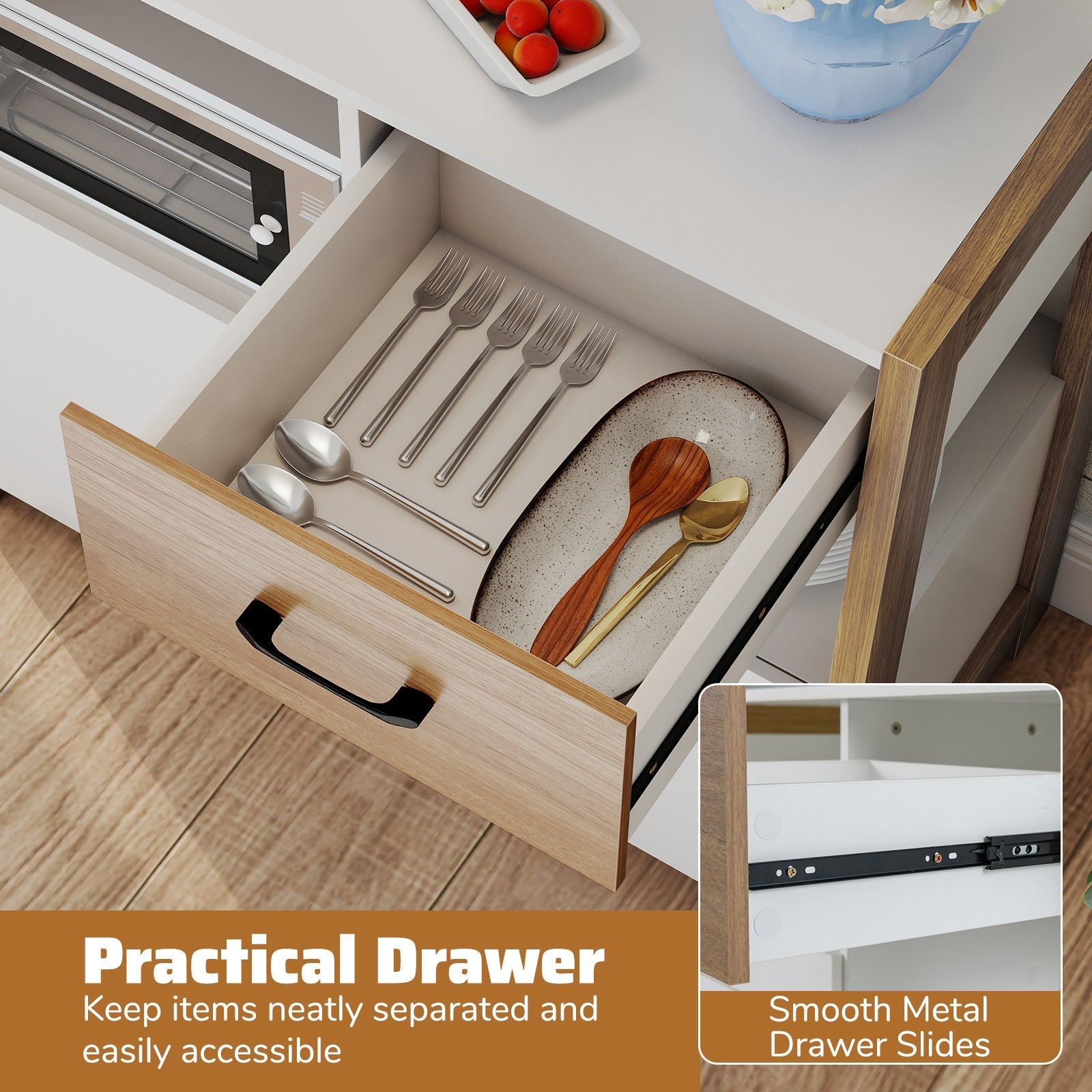 Kitchen Storage Cabinet with Drawer Pull-Out Shelf and 2 Doors-White