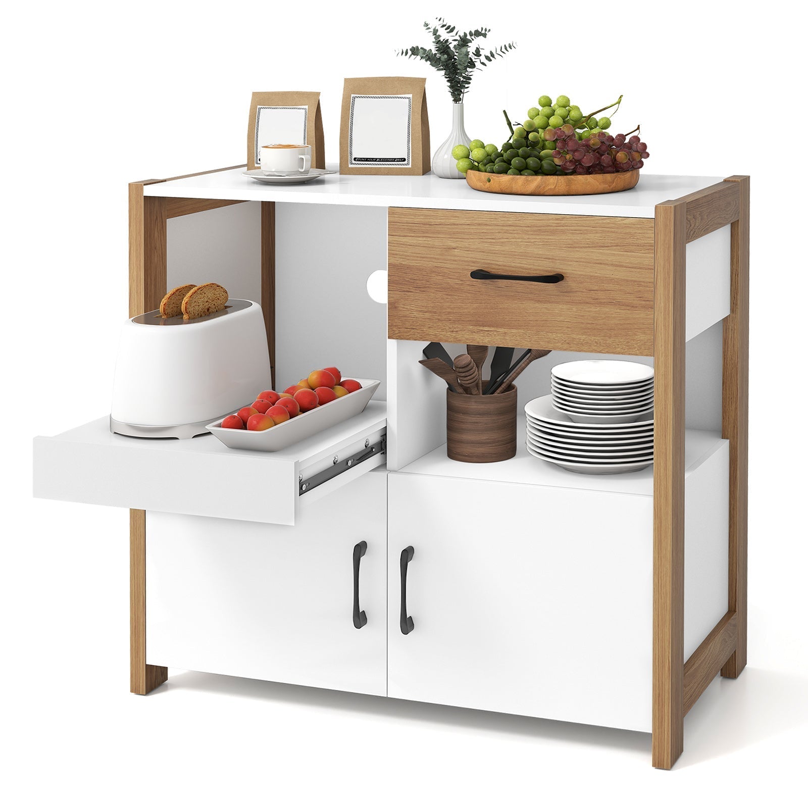 Kitchen Storage Cabinet with Drawer Pull-Out Shelf and 2 Doors-White