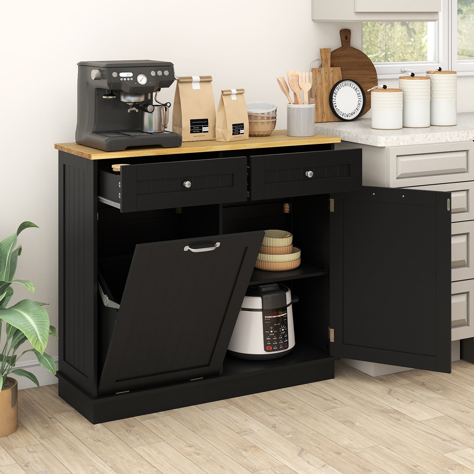 Kitchen Tilt Out Trash Cabinet with 2 Drawers and Adjustable Shelf