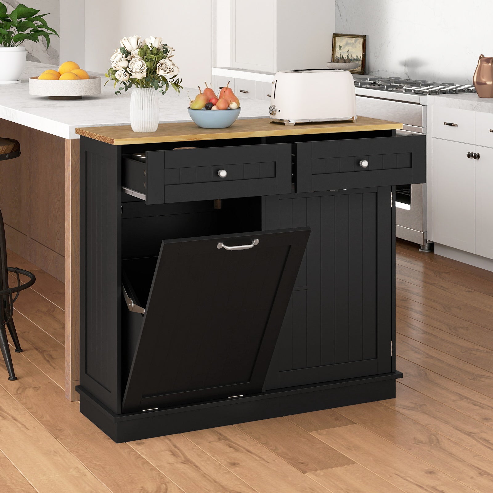 Kitchen Tilt Out Trash Cabinet with 2 Drawers and Adjustable Shelf