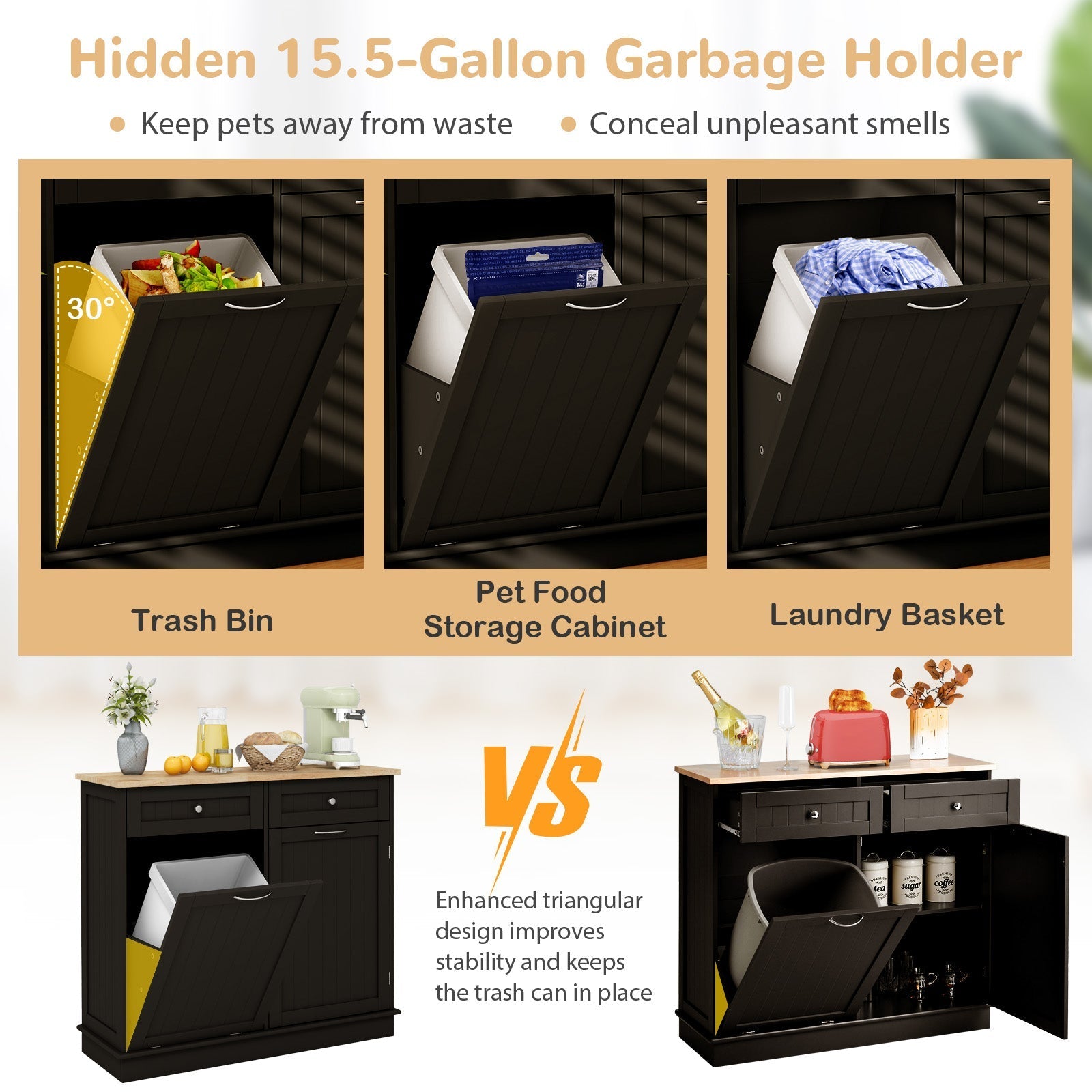 Kitchen Tilt Out Trash Cabinet with 2 Drawers and Adjustable Shelf
