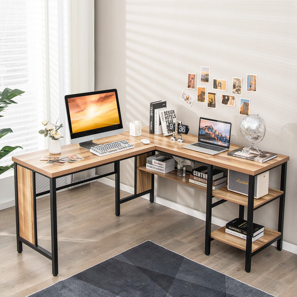 Industrial L-Shaped Corner Computer Desk Office Workstation with Storage Shelves