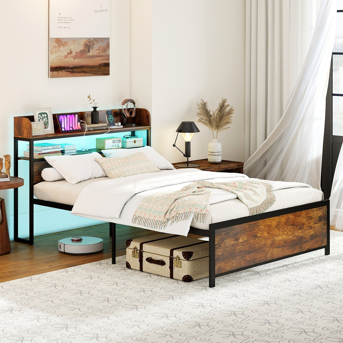 LED Bed Frame with Power Outlets and Storage Headboard-Full Size