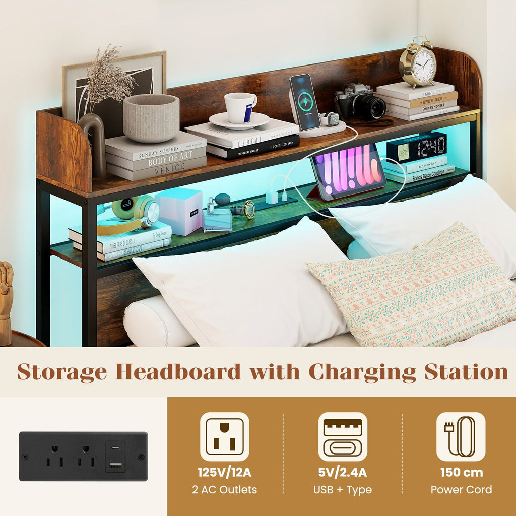 LED Bed Frame with Power Outlets and Storage Headboard-Full Size