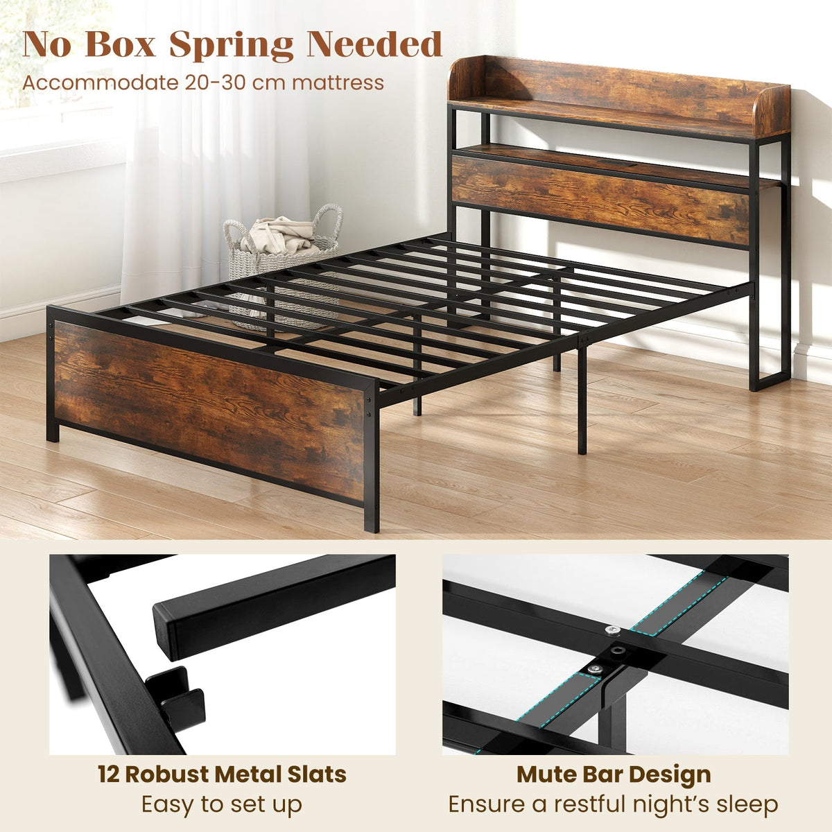 LED Bed Frame with Power Outlets and Storage Headboard-Full Size