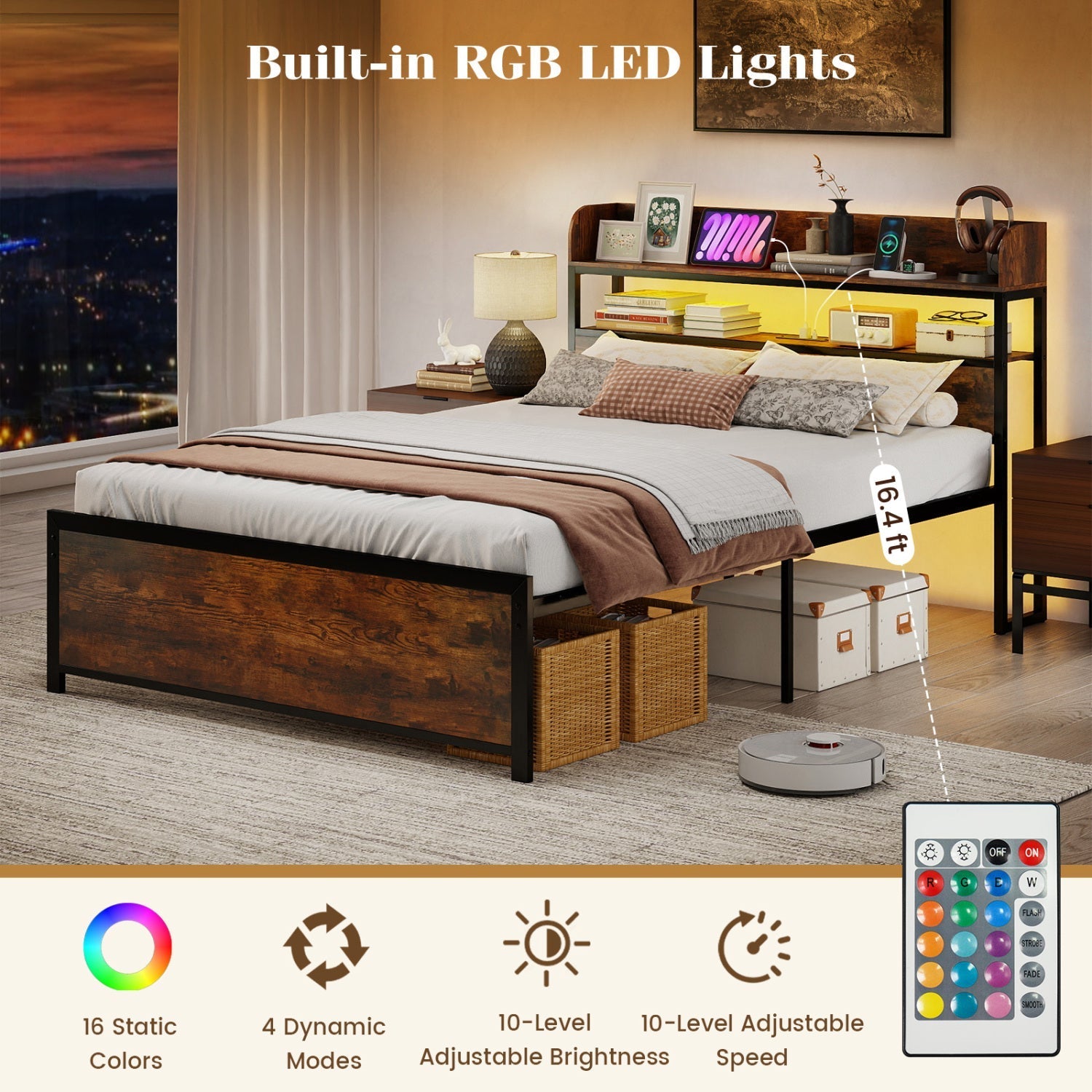 Queen LED Bed Frame with Power Outlets and Storage Headboard