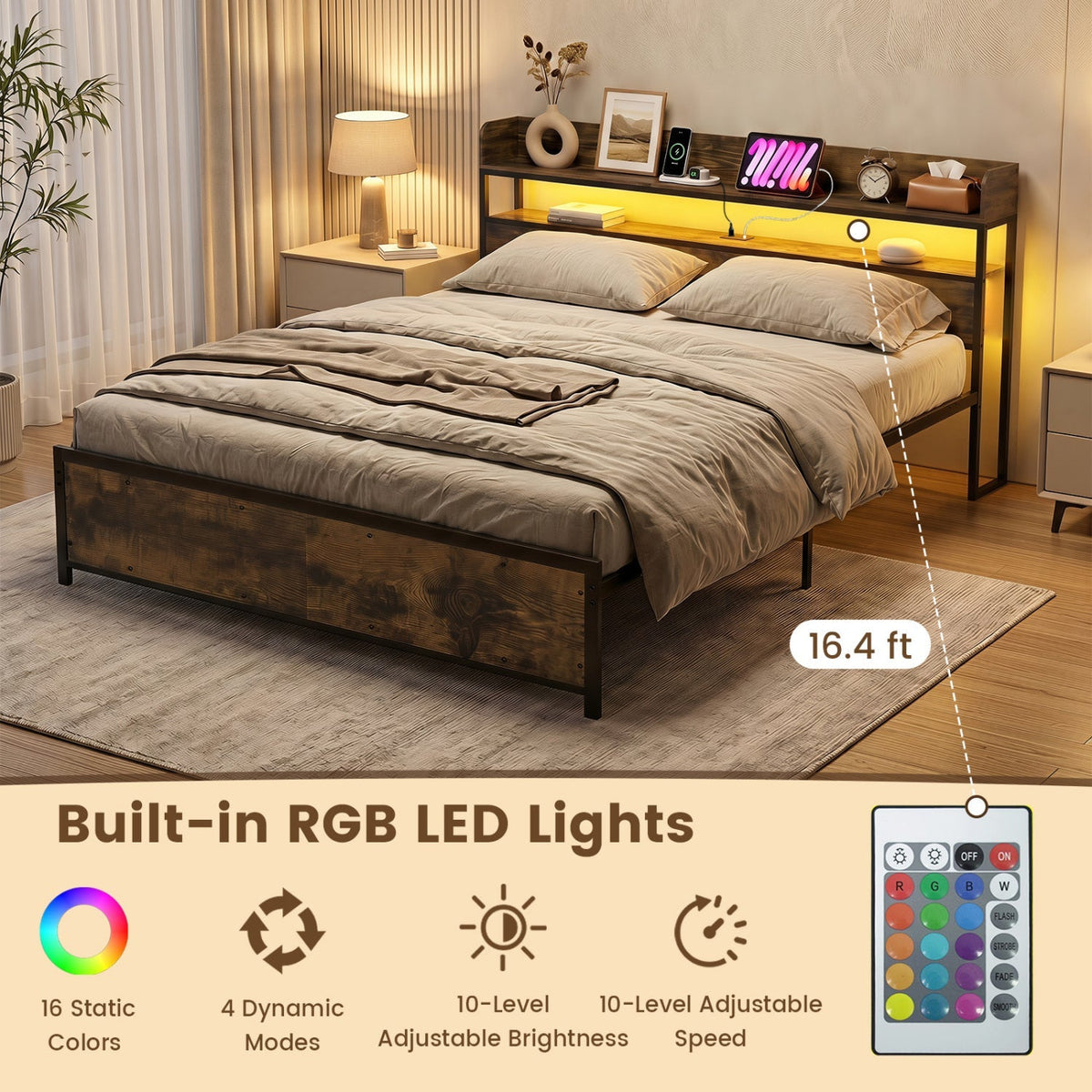 Queen LED Bed Frame with Power Outlets and Storage Headboard