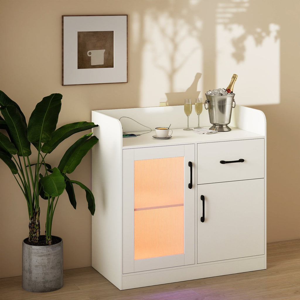LED Buffet Sideboard with Charging Station with Drawer and Translucent Fluted Door-White