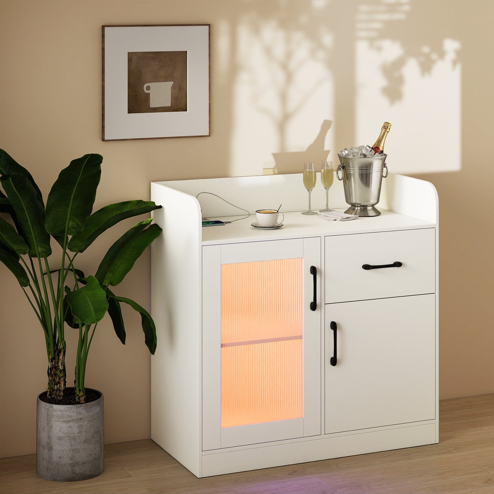 LED Buffet Sideboard with Charging Station with Drawer and Translucent Fluted Door-White